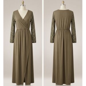 Kranda Olive Green Lace Sleeve Faux Wrap Maxi Dress - Size L